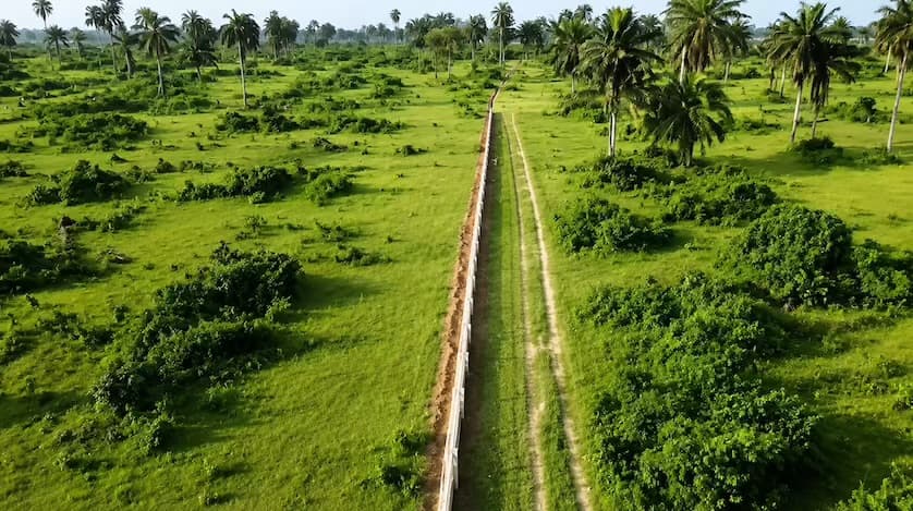 Vast green fields with palm trees